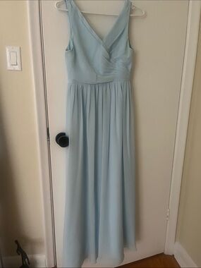 Azazie Light Blue V-Neck Chiffon Maxi Dress - size junior 14
